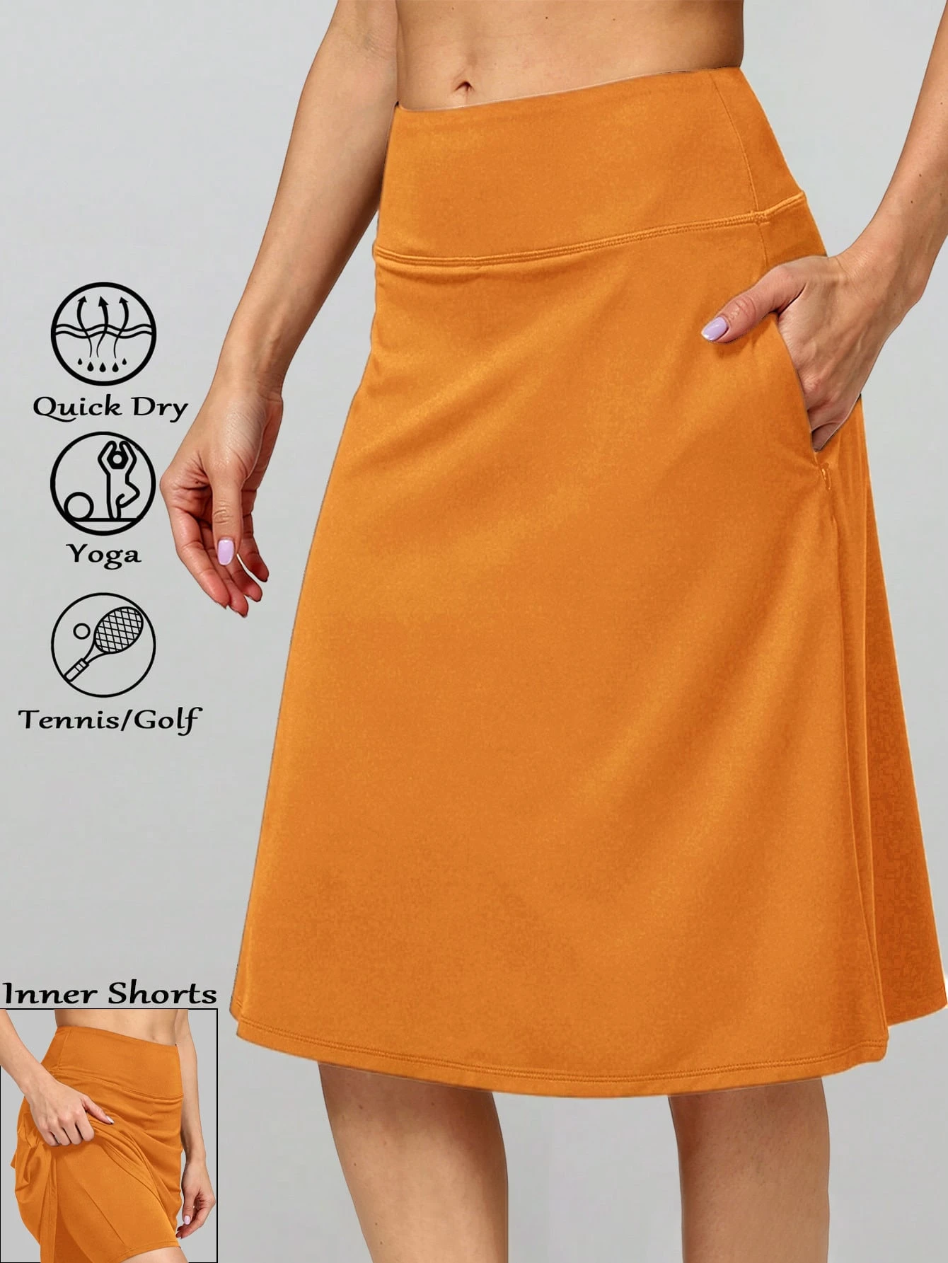 Women’s Mid-Length Tennis Skirt/Golf Culottes, Featuring Pockets, Ruffles, A Moderate Fit, Knee-Length, Sporty Lined Shorts, High-Waisted Design