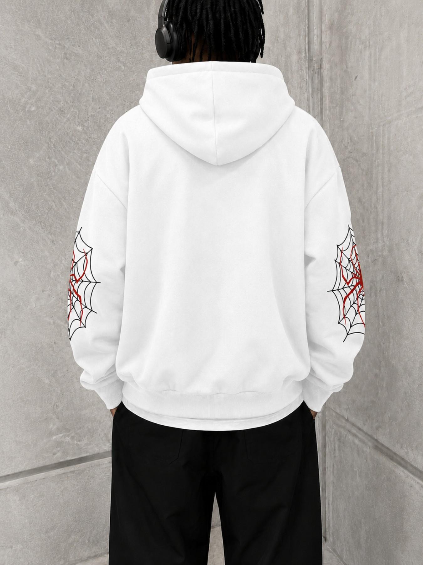 Dark Gothic Spider Web Full Print Zip Up Hooded Jacket, Bilateral Sleeve Cobweb Totem Graphic Allover Printing Oversized Baggy Unisex Street Outerwear, Emo Punk Grunge Hip Hop Skate Casual Layering Coat Viral Trending On TikTok Relaxed Fit Long Sleeve Hoo