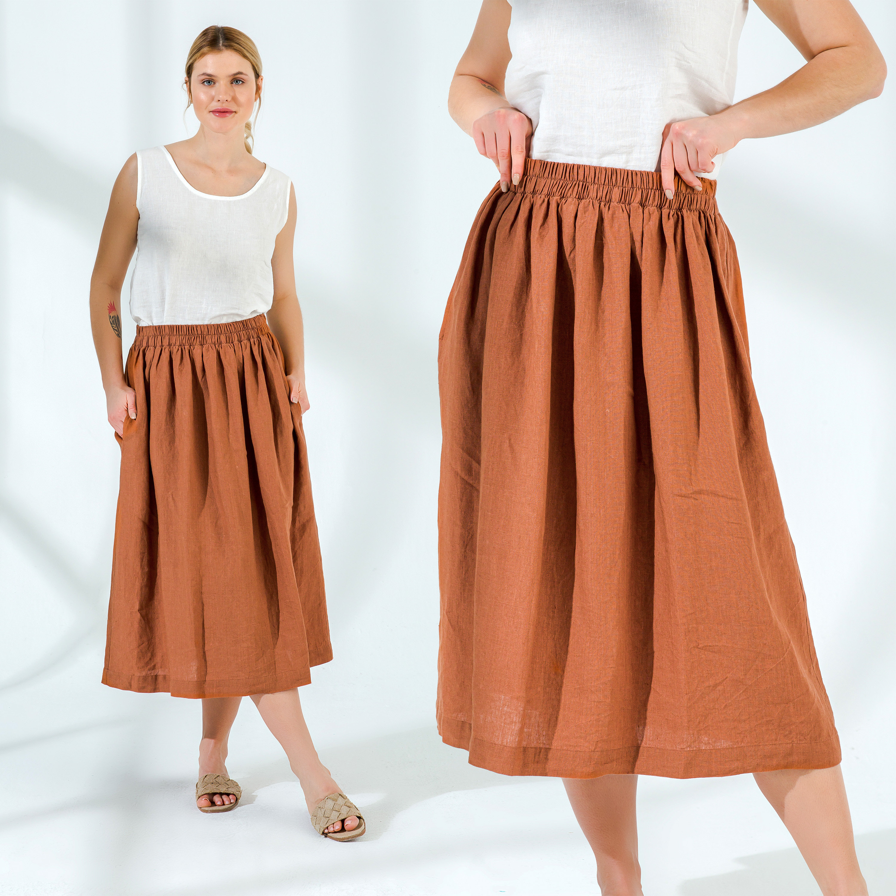 Washed Linen Midi Skirt with Pockets | Pleated Elastic Waist, Christmas Gift for Her