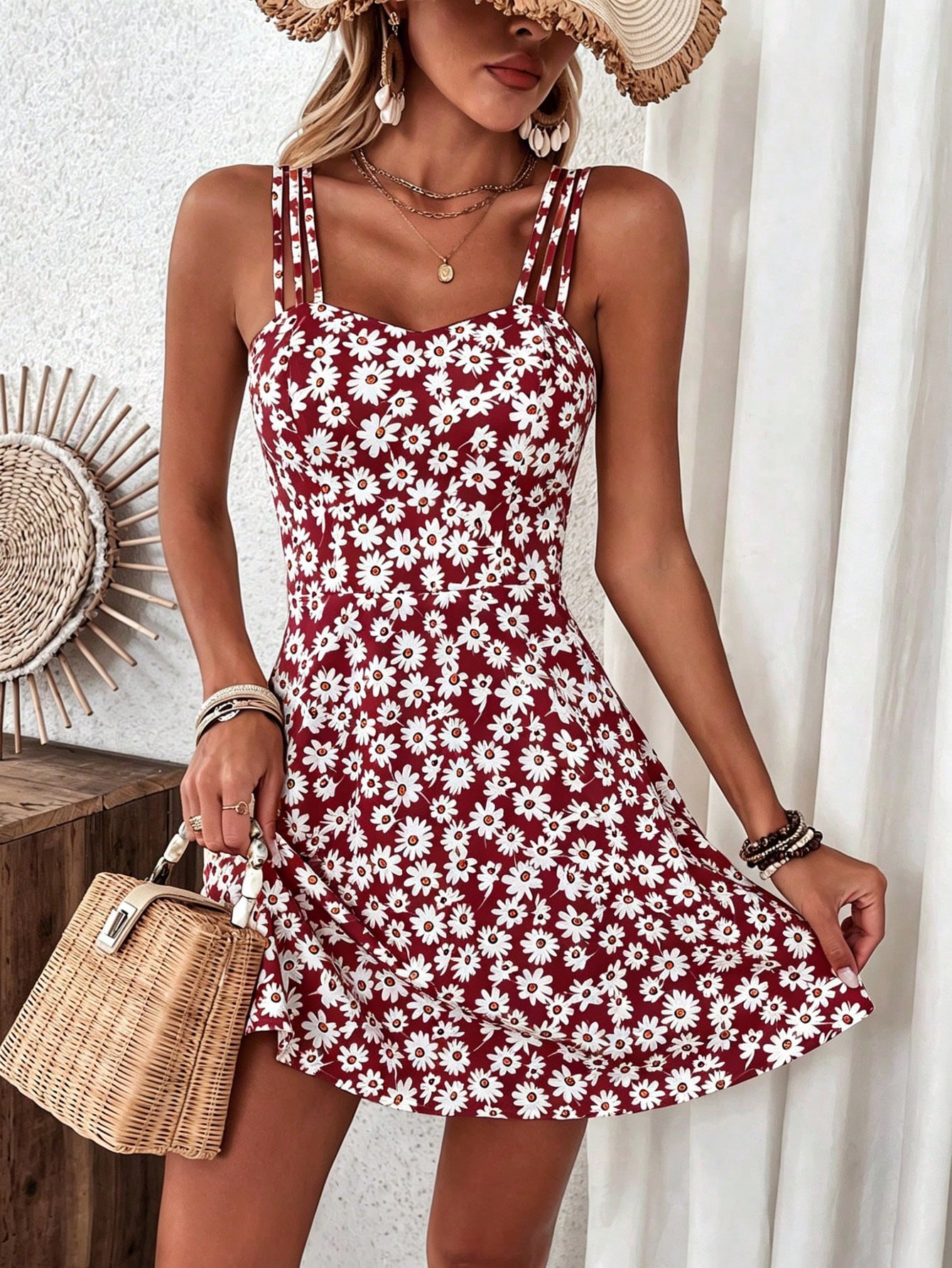 Women’s Yellow Floral Print Cami Dress Vacation Beach Outfit