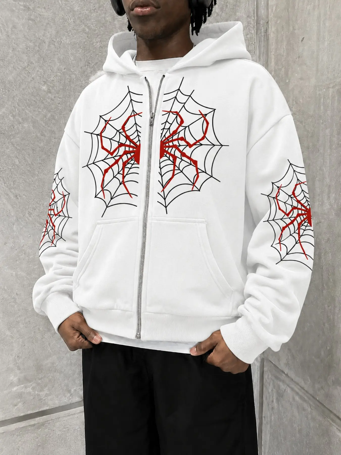Dark Gothic Spider Web Full Print Zip Up Hooded Jacket, Bilateral Sleeve Cobweb Totem Graphic Allover Printing Oversized Baggy Unisex Street Outerwear, Emo Punk Grunge Hip Hop Skate Casual Layering Coat Viral Trending On TikTok Relaxed Fit Long Sleeve Hoo